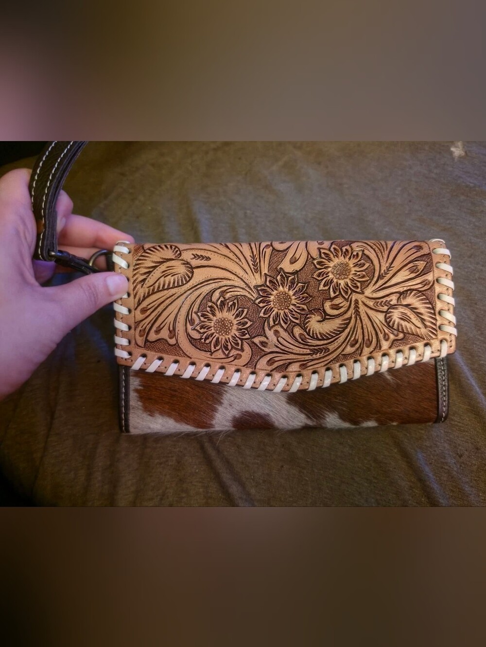 Hand-Tooled Floral Leather & Cowhide Clutch Wallet